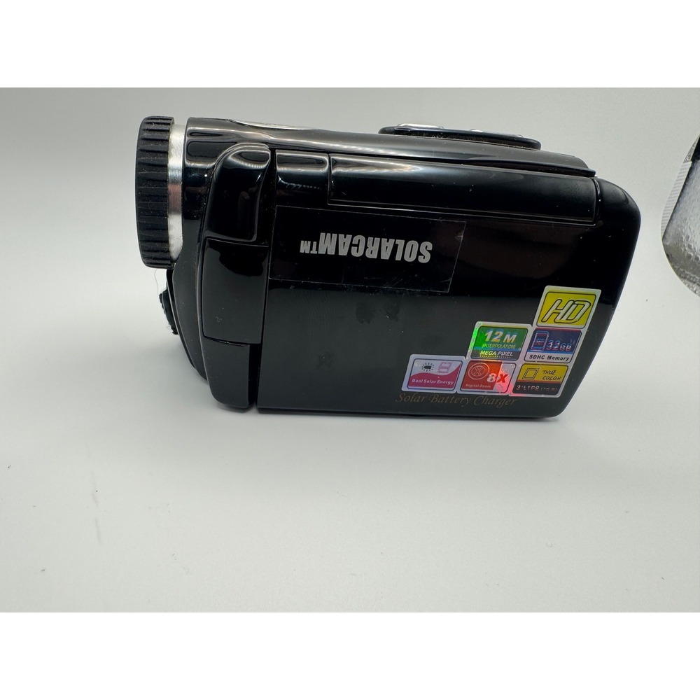 SolarCam HD Digital Camcorder 12MP 8X Zoom Solar Battery Charger Black Video Cam